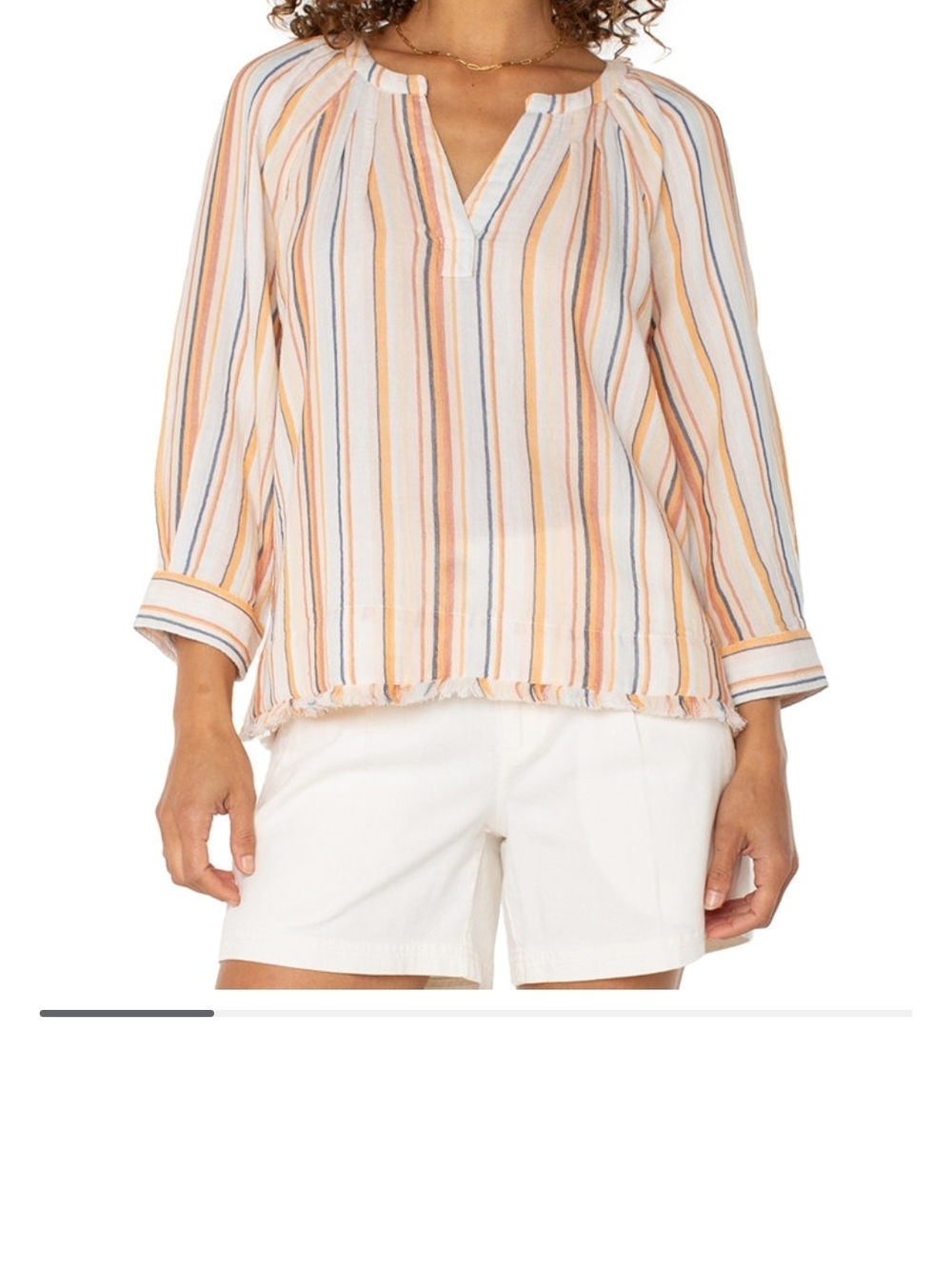 Striped V‑Neck Peasant Tunic in Peach & White
